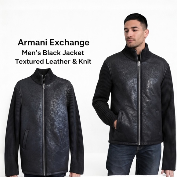 Armani Exchange Men’s Black Textured Ribbed Knit Zipper Front Logo Cardigan